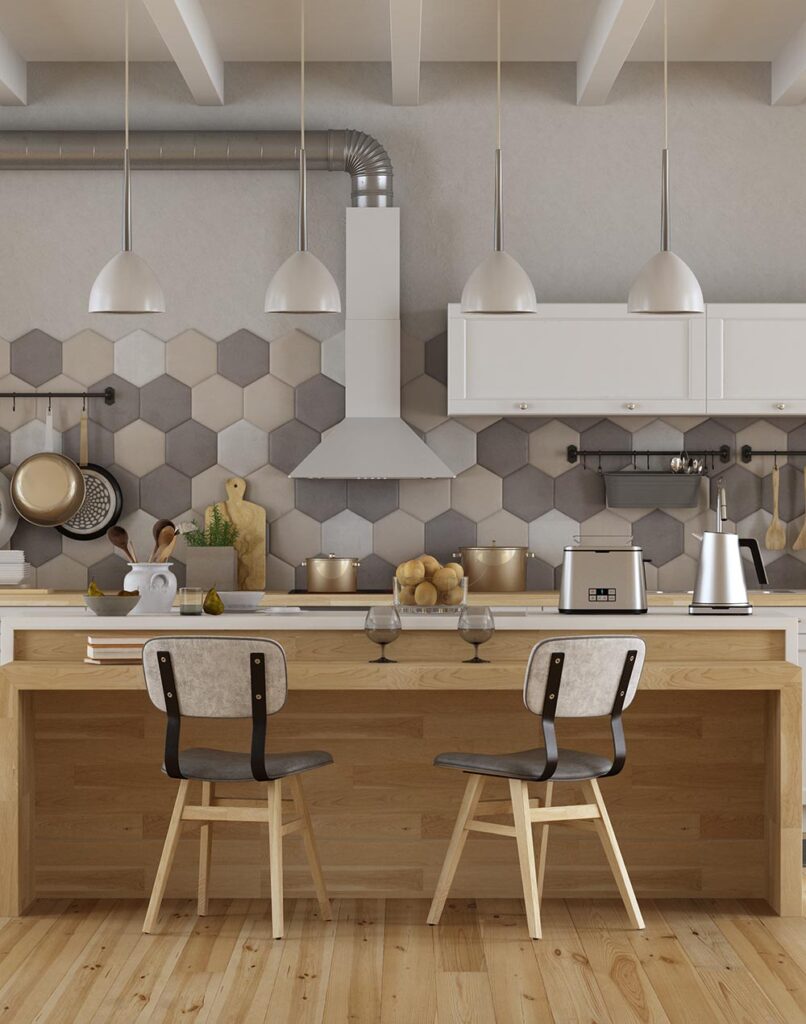 Luxury kitchen and home remodeling in Northville, MI featuring custom lighting and wooden island.